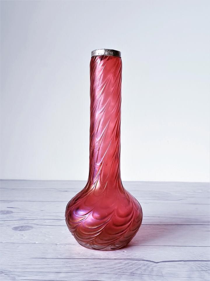 Antique 1900s Kralik Draped Decor, Iridescent Cranberry And Silver Collared Bohemian Art Glass Vase photo 92.0
