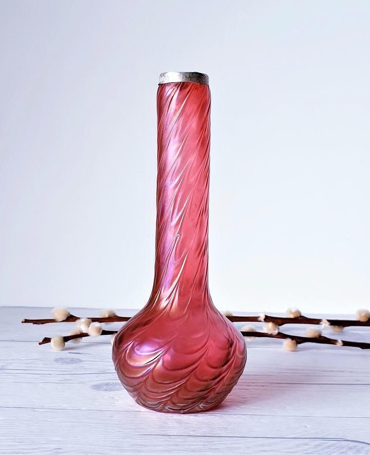 Antique 1900s Kralik Draped Decor, Iridescent Cranberry And Silver Collared Bohemian Art Glass Vase photo vinterior