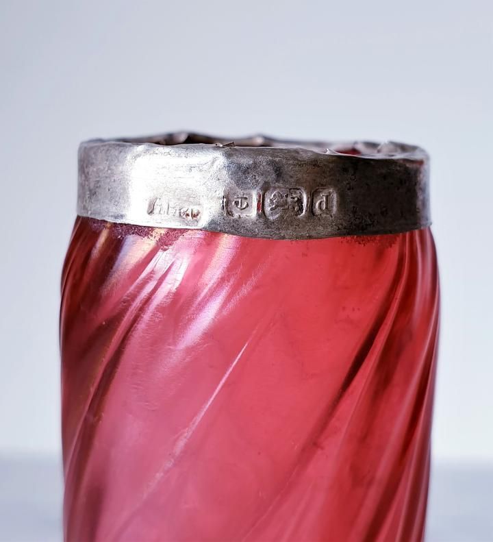 photo furniture Antique 1900s Kralik Draped Decor, Iridescent Cranberry And Silver Collared Bohemian Art Glass Vase