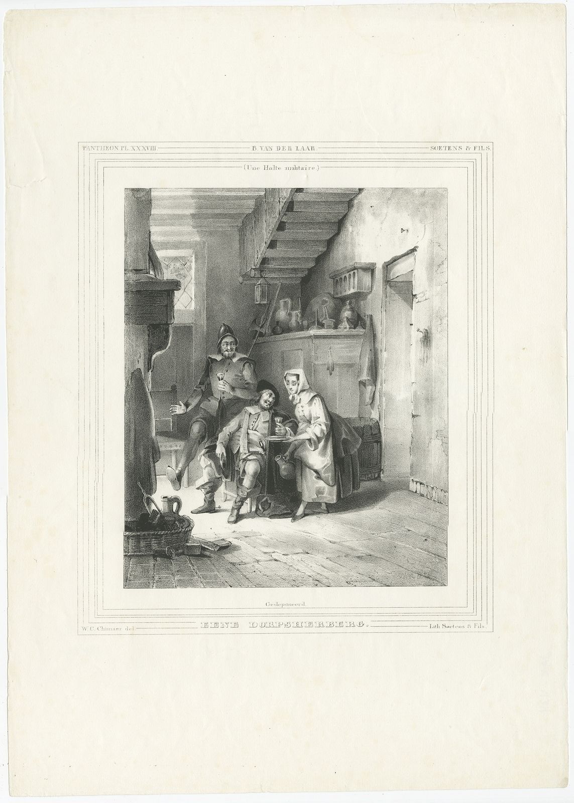 Antique Print Of A Village Inn By Soetens & Fils (C.1840)
