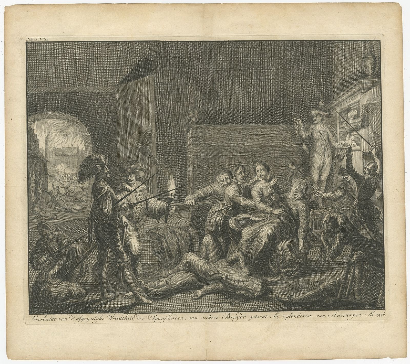 Antique Print Of The Cruelty Of The Spaniards In Antwerp By Le Clerc (C.1730)