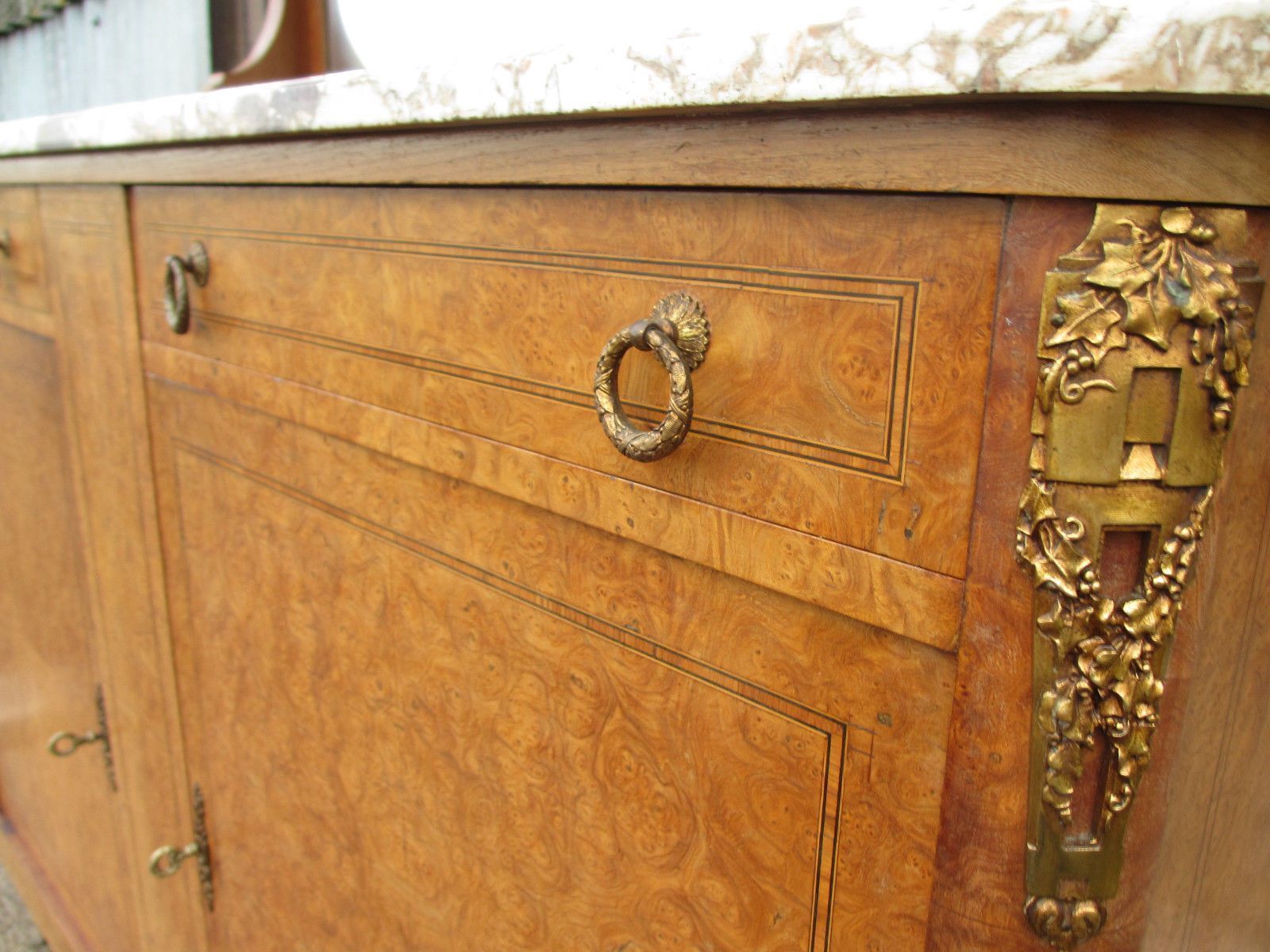 French Birds Eye Maple Marble Topped Ormolu Buffet With Mirror, With Key photo 3245.0