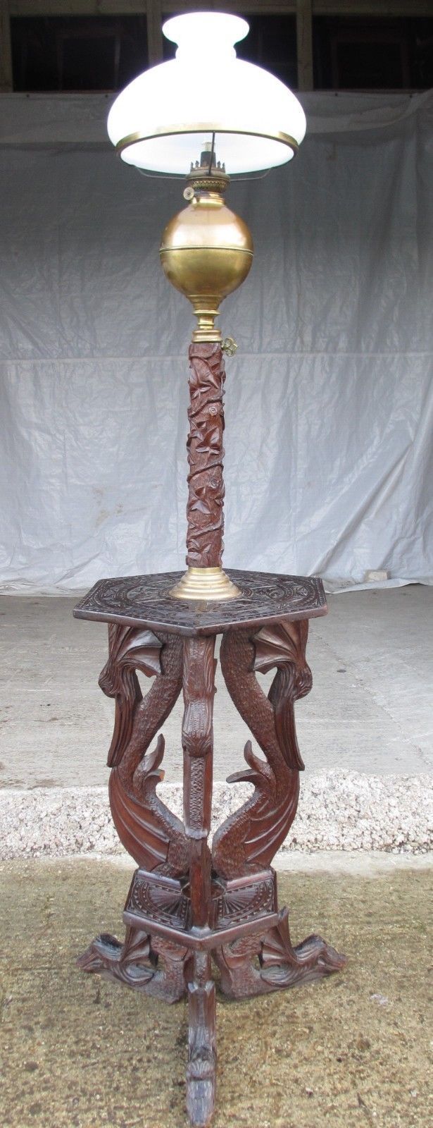 Unusual Victorian Anglo Burmese Padouk Teak And Brass Carved Oil Lamp