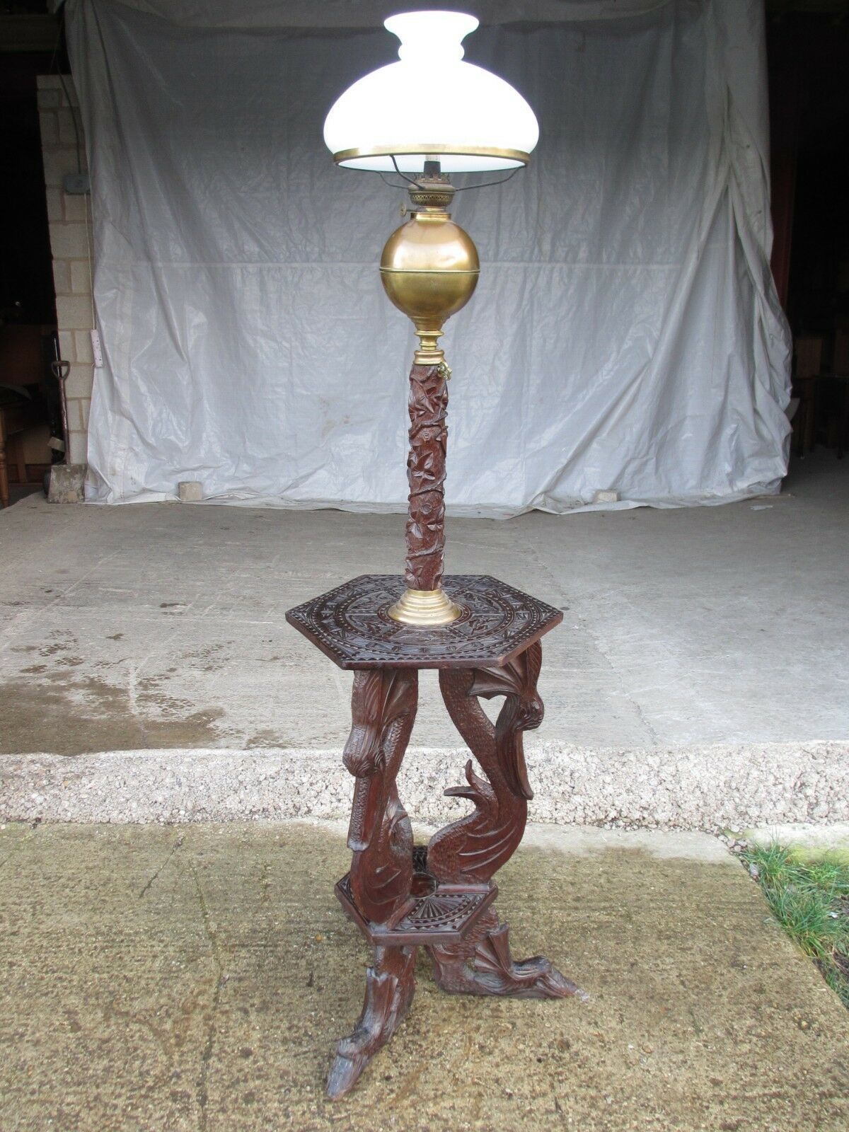 Unusual Victorian Anglo Burmese Padouk Teak And Brass Carved Oil Lamp photo furniture
