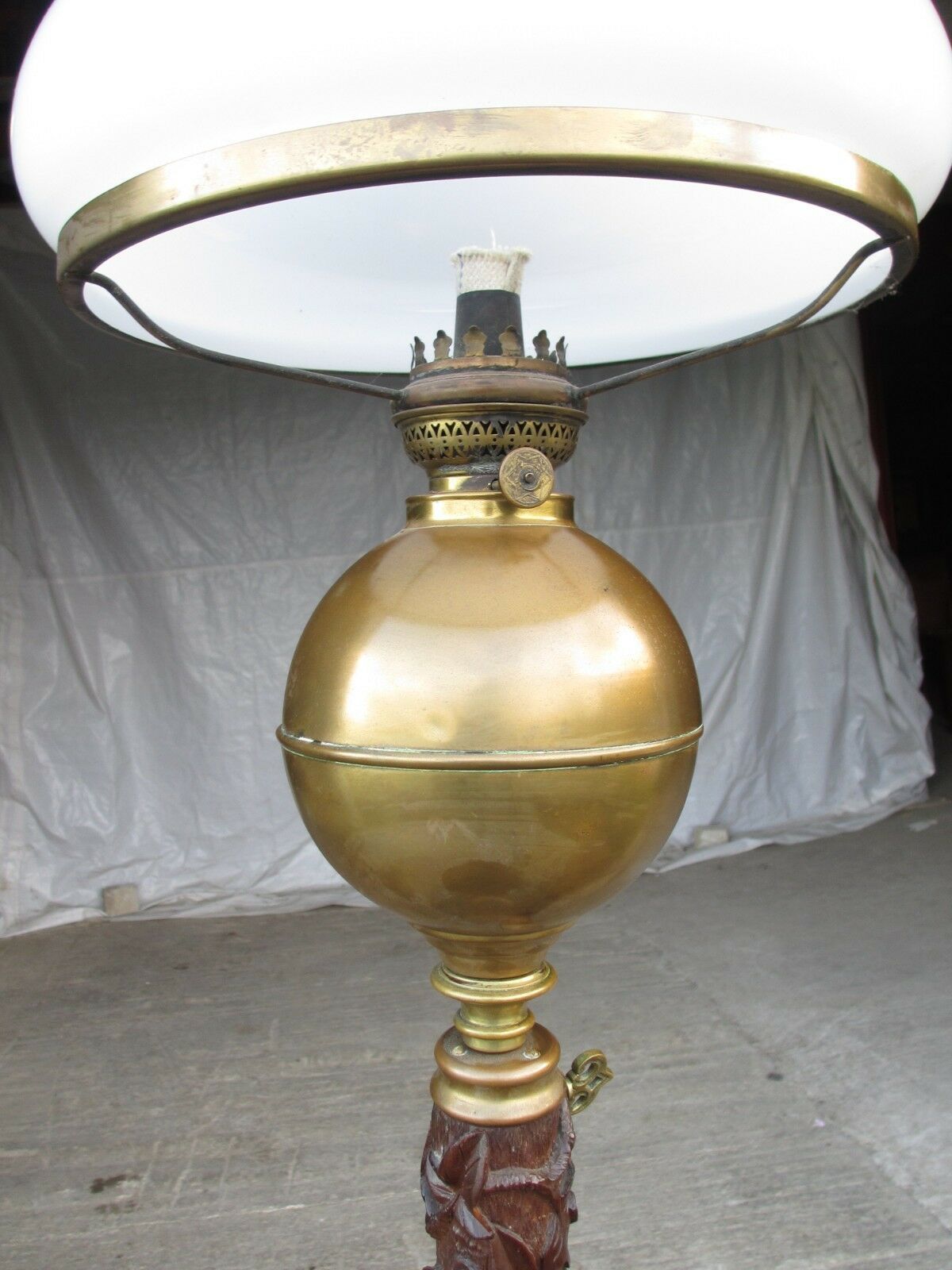 Unusual Victorian Anglo Burmese Padouk Teak And Brass Carved Oil Lamp photo Lighting