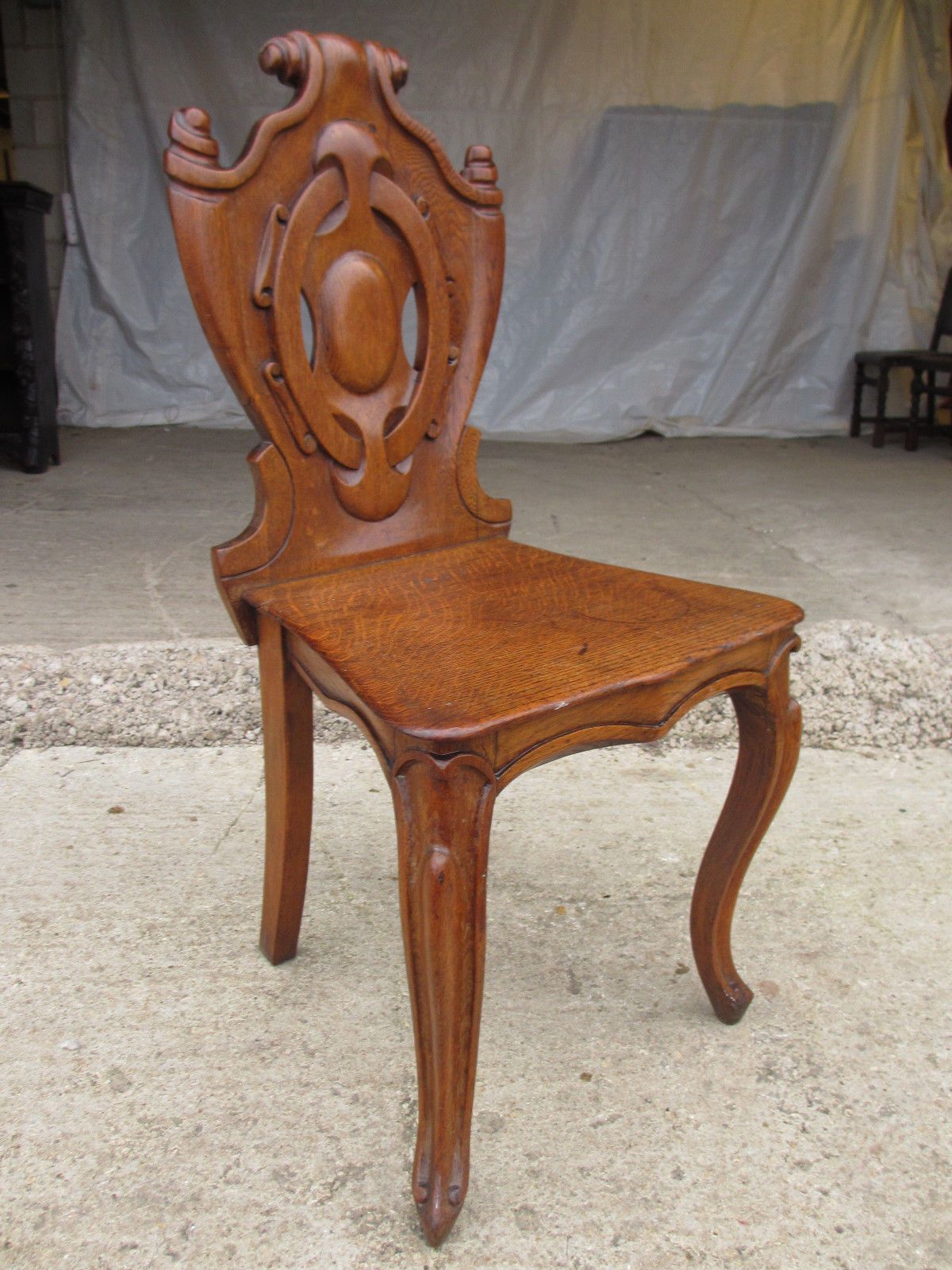 Pair Victorian Carved Golden Oak Shield Back Side/Hall Chairs Cabriole Legs photo for sale