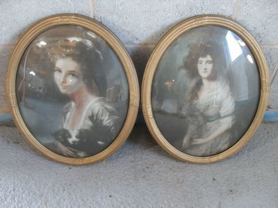 Pair Of Old Ornate Oval Gilt Framed And Dome Fronted Glass Prints Of Ladies