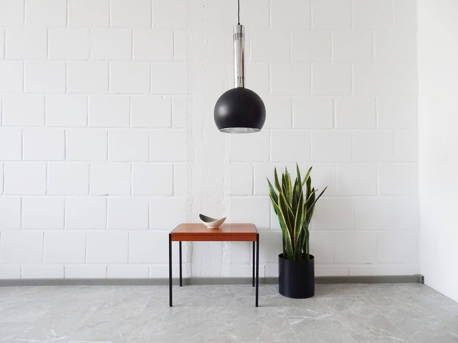 Large Industrial Pendant Lamp Made Of Metal And Chrome With Black Shrink Lacquer, Ball Lamp 1960s photo furniture