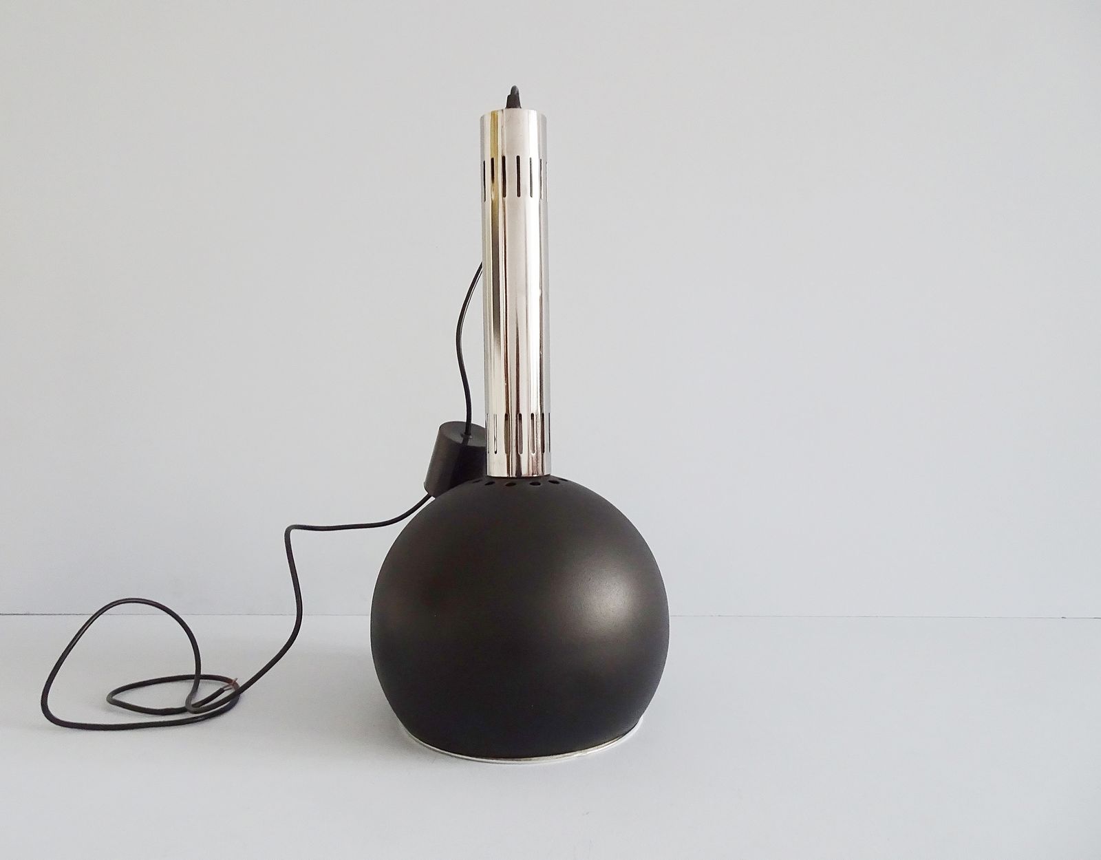 Large Industrial Pendant Lamp Made Of Metal And Chrome With Black Shrink Lacquer, Ball Lamp 1960s photo vintage