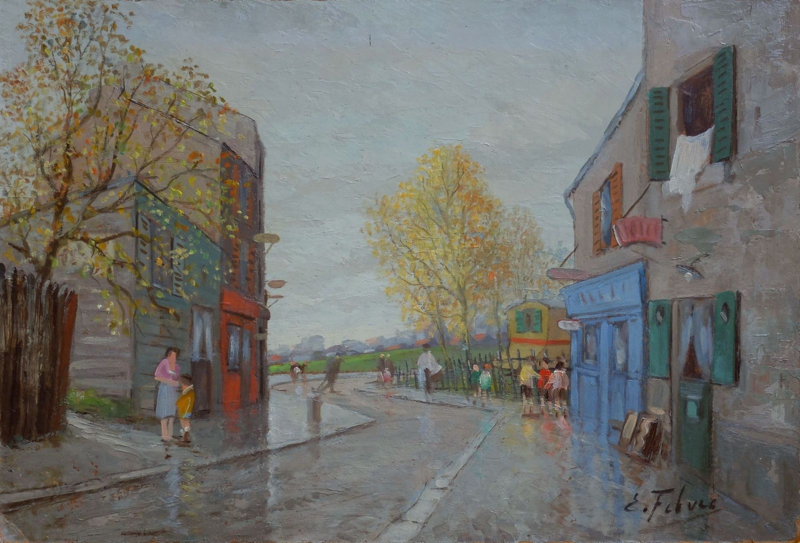 Febvre Edouard (1885 1967)   Oil On Isorel   Animated Street In The Suburbs