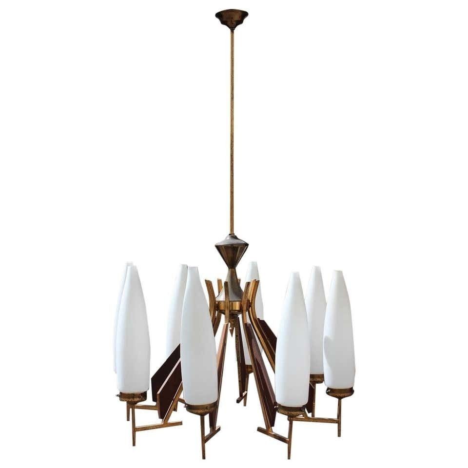 Great Round Midcentury Chandelier Brass Teak Wood White Glass Esperia Design