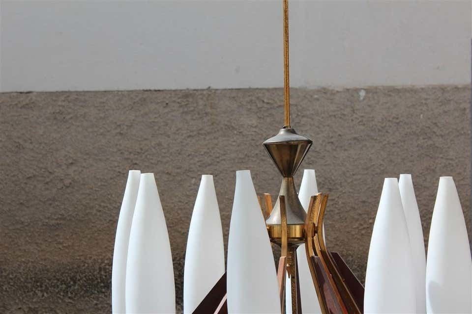 Great Round Midcentury Chandelier Brass Teak Wood White Glass Esperia Design photo for sale