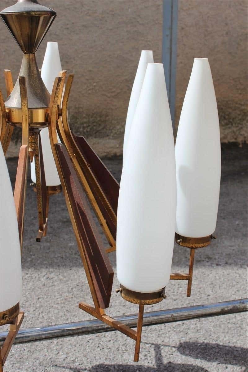 Great Round Midcentury Chandelier Brass Teak Wood White Glass Esperia Design photo 942.0