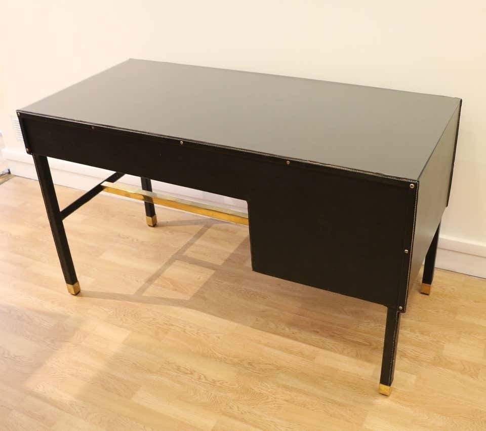 Rare Desk And Armchair By Jacques Adnet, Stitched Leather And Skaï, 1950s photo vintage