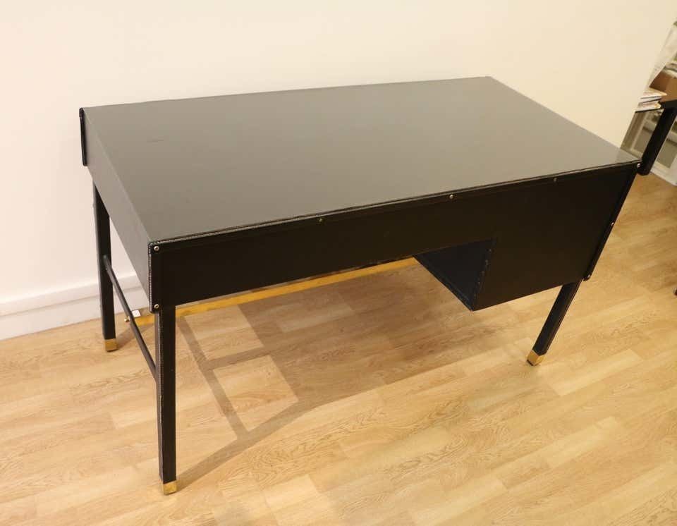 photo furniture Rare Desk And Armchair By Jacques Adnet, Stitched Leather And Skaï, 1950s