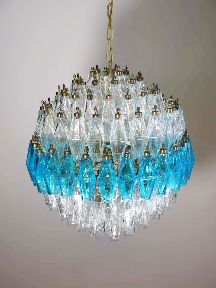 Amazing Spherical Murano Poliedri Candelier   140 Poliedri Trasparent And Blue Acqua Marina photo vinterior
