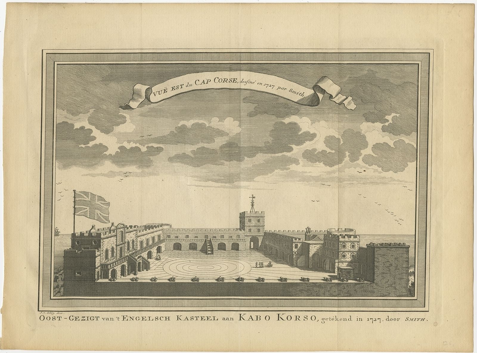 Antique Print Of The English Castle At Cape Coast By Van Der Schley (1748)