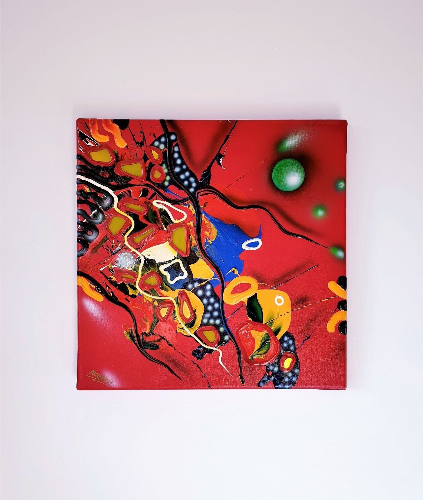1996 Atelier Mic Mac By Bea Schröder, Striking Pictographic Abstract Painting In Red | Signed, Dated photo furniture