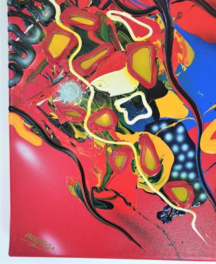 1996 Atelier Mic Mac By Bea Schröder, Striking Pictographic Abstract Painting In Red | Signed, Dated photo vinterior