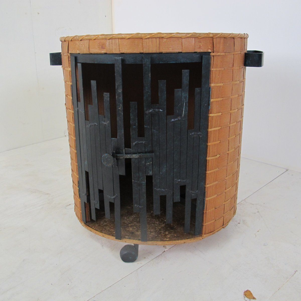 Mid Century Brutalist Rattan And Steel Bar Cart, 1950s