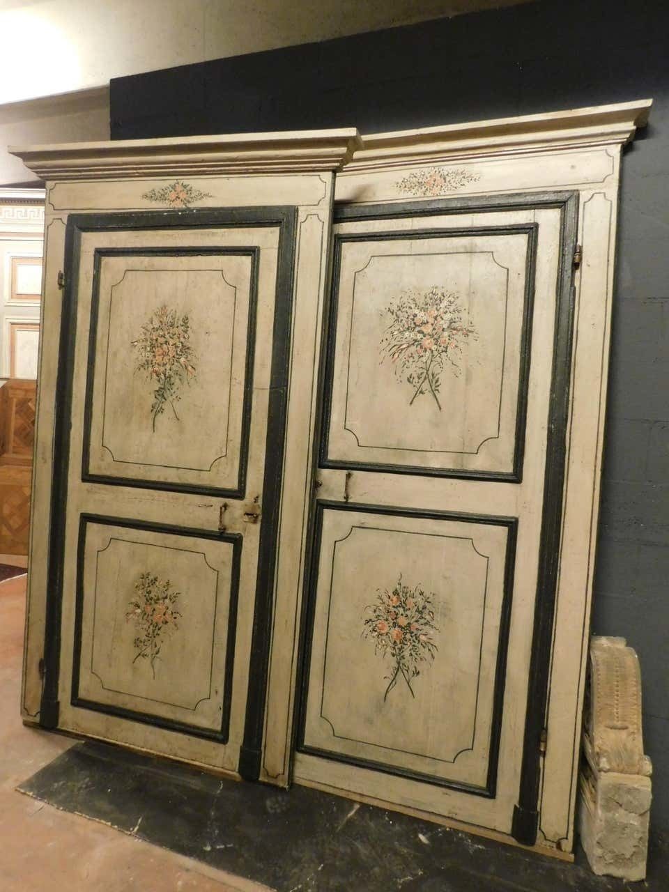 2 Antique Lacquered Doors With Frame, Green Beige Background Flowers, 1700 Italy photo furniture