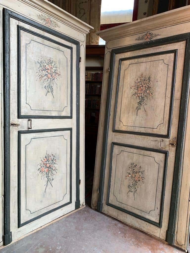 2 Antique Lacquered Doors With Frame, Green Beige Background Flowers, 1700 Italy photo for sale