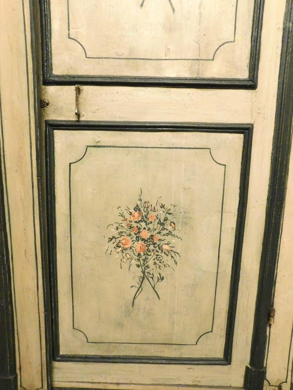 2 Antique Lacquered Doors With Frame, Green Beige Background Flowers, 1700 Italy photo vintage