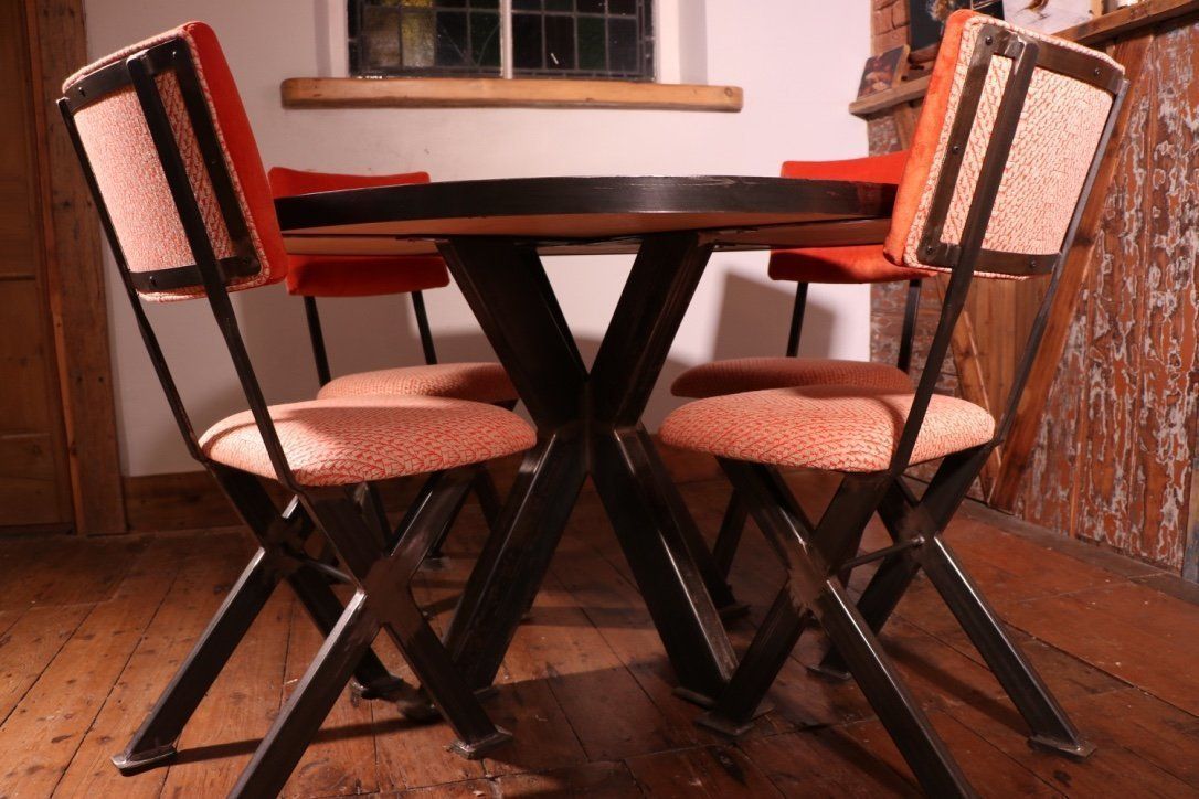 Industrial Round 4ft Table Made From Reclaimed Parquet Floor On A Steel Cross Base photo furniture