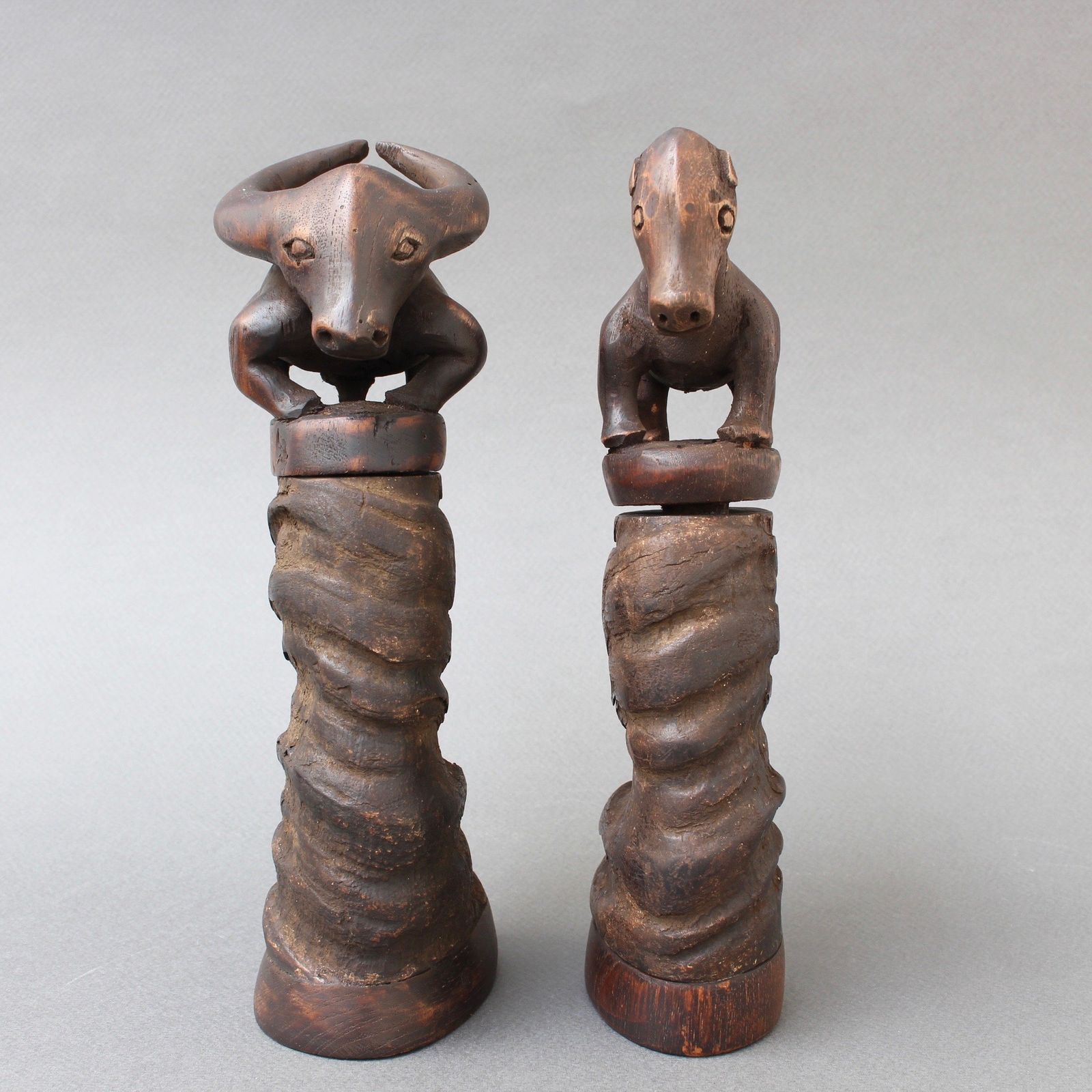 Pair Of Water Buffalo Horn And Wood Lime Powder Holders For Betel Nut From Timor Island (Circa 1970s) photo for sale