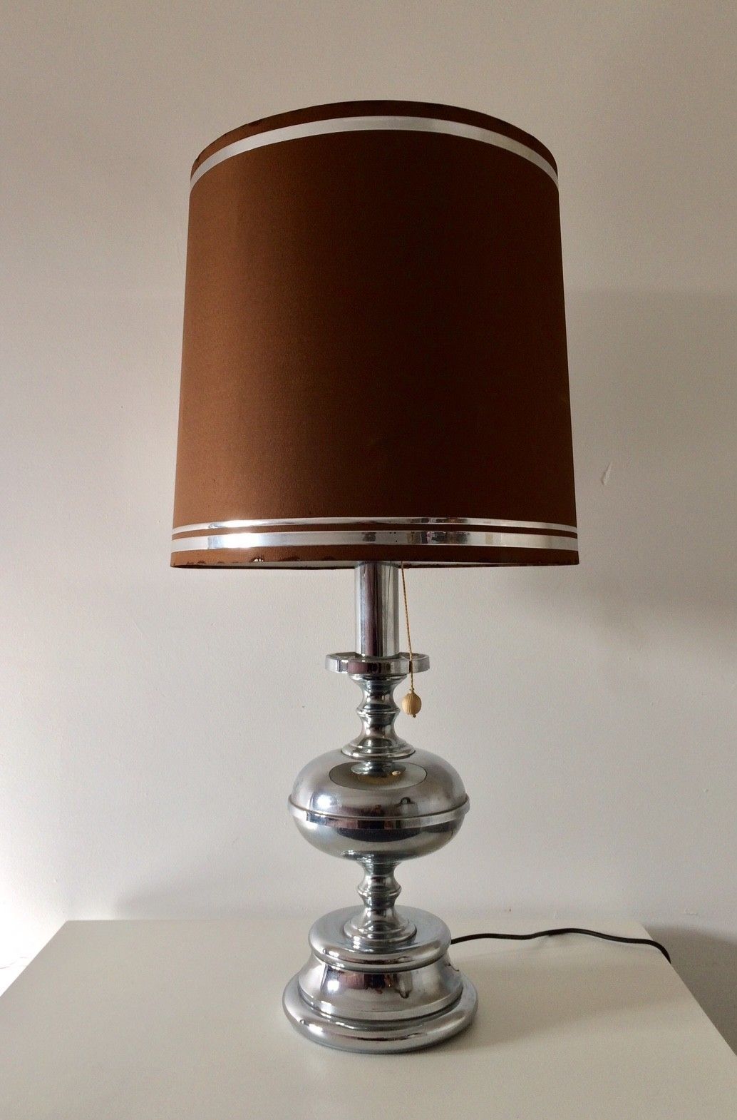 Midcentury Original Italian Design 1970s Xl Chrome Table Lamp W Shade photo vintage