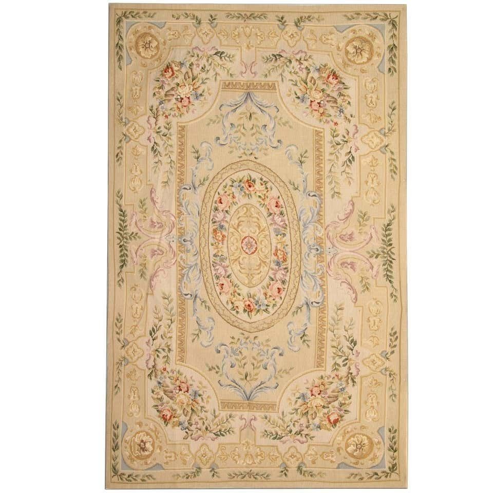 Beige French Style Rug, Floral Aubusson Rugs Handmade Carpet Flat Weave Rugs For Sale