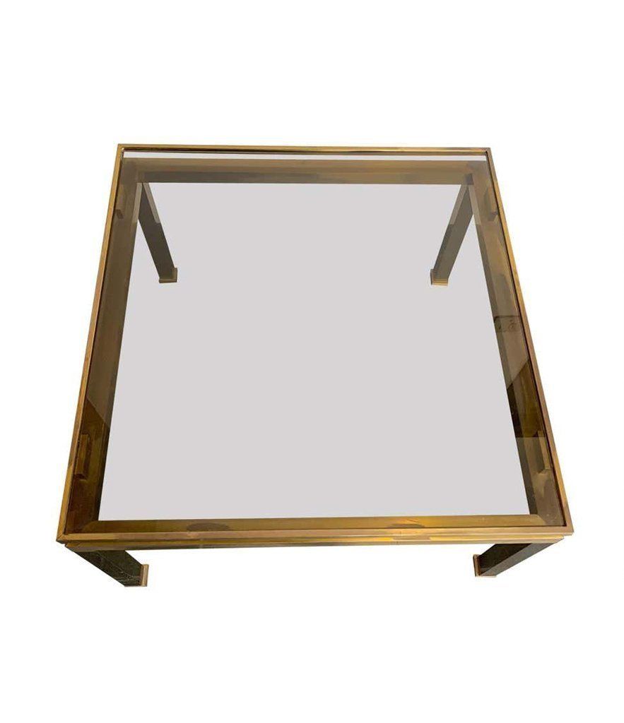 photo for sale 1970s Guy Lefevre Solid Brass Side Table With Smoked Glass Top