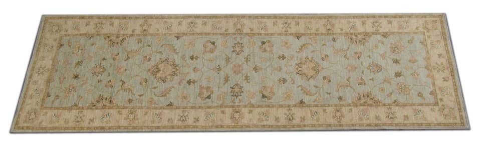 Handwoven Afghan Oriental Green Carpet Runner, Traditional Wool Runner Rug  89x290cm photo for sale