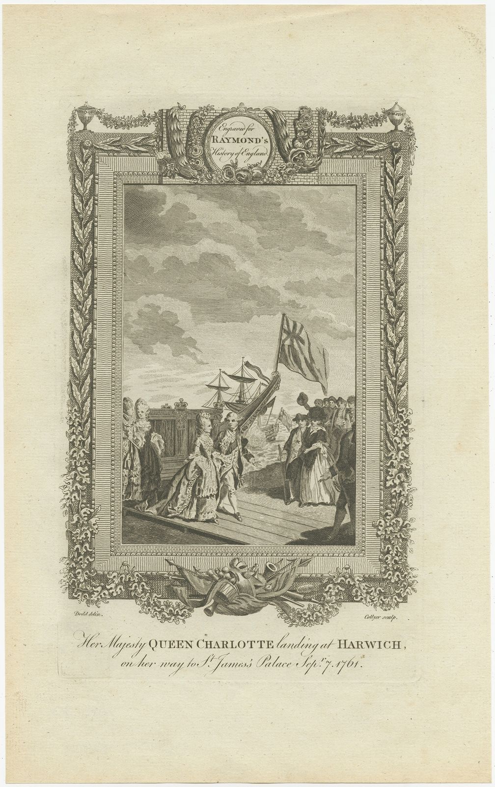 Antique Print Of The Landing Of Queen Charlotte At Harwich By Raymond