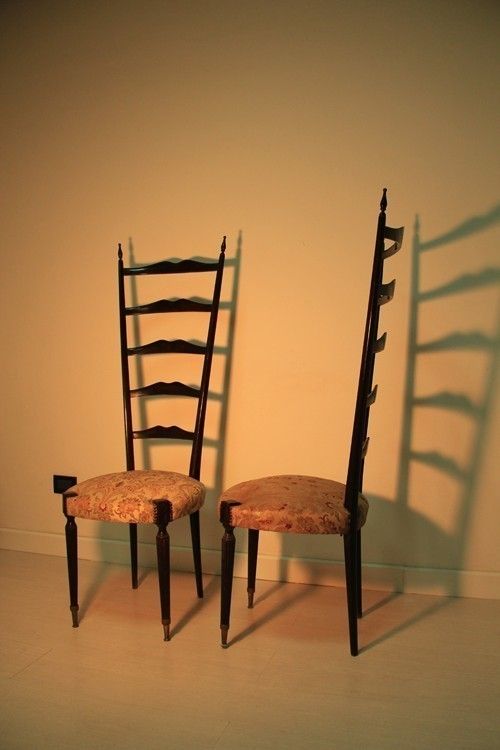 Mid Century Mahogany Pair High Back Chairs 1950 Italian Design Pier Luigi Colli photo for sale