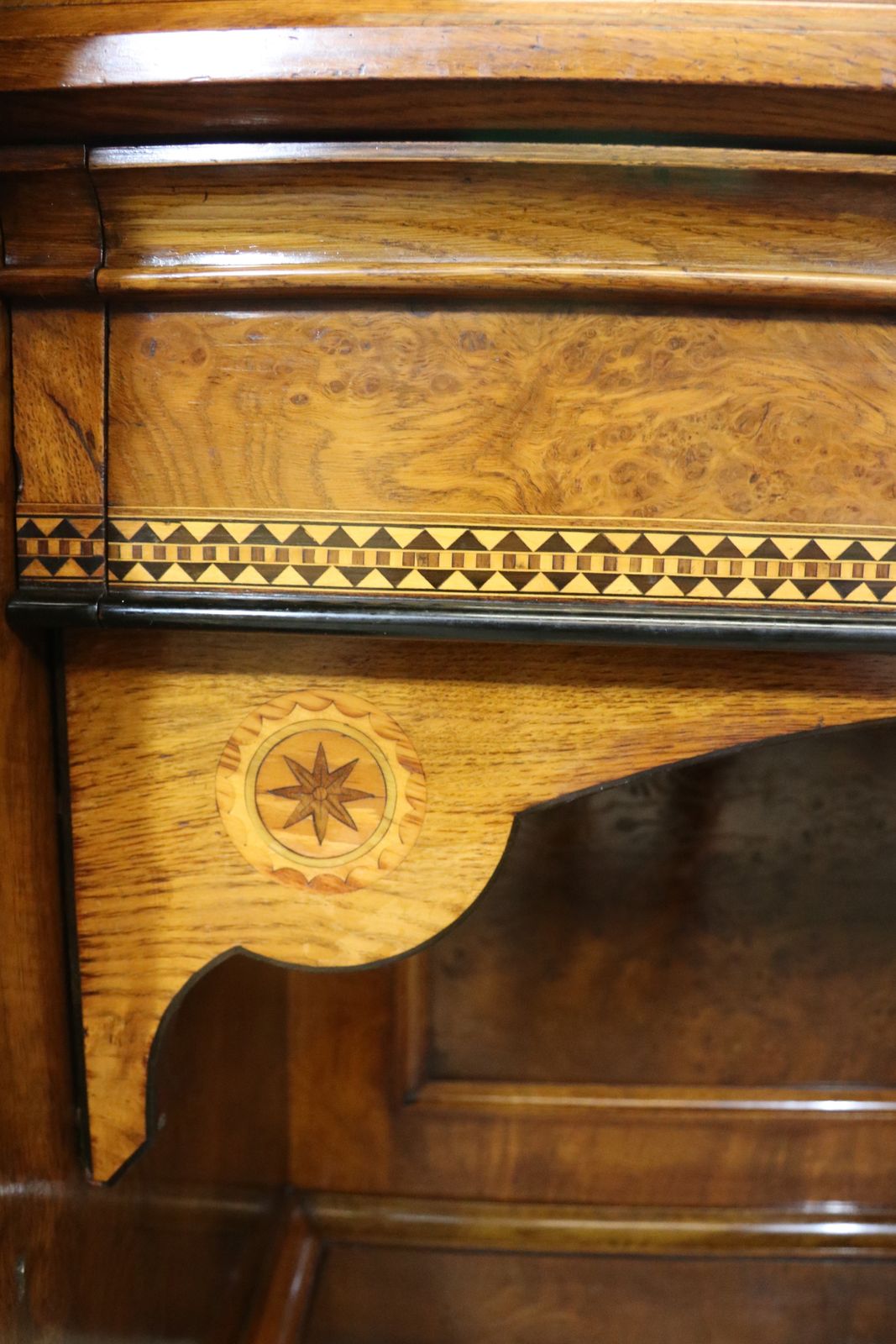 Victorian Pollard Oak And Specimen Wood Inlaid Mirror Back Sideboard In The Gothic Revival Style. photo for sale