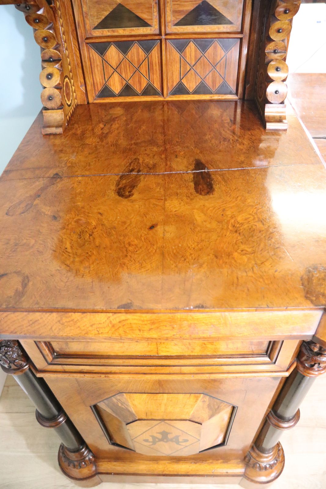 photo buy Victorian Pollard Oak And Specimen Wood Inlaid Mirror Back Sideboard In The Gothic Revival Style.
