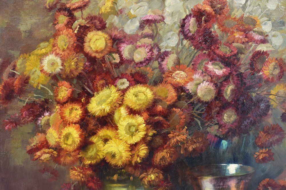 Flowers Paintig, Red Daisies, Oil On Canvas, 19th Century.  (Qf155) photo Art