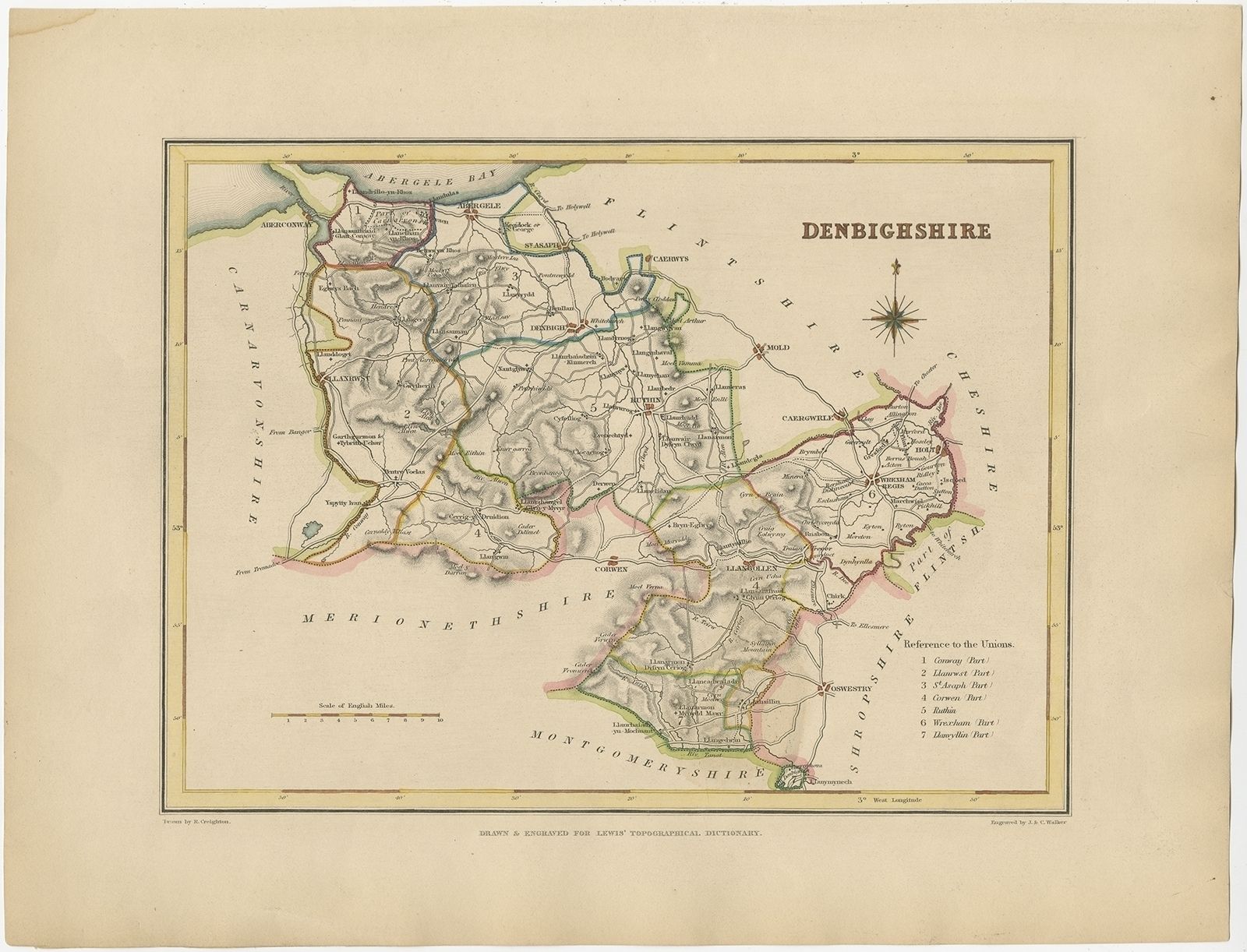 Antique Map Of Denbighshire By Walker (C.1850)