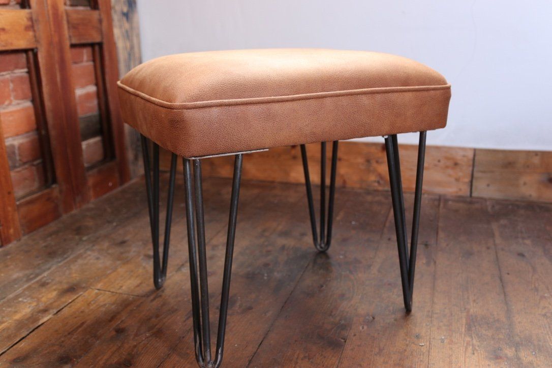 Handmade Industrial Stool With Hairpin Legs In Leather photo for sale