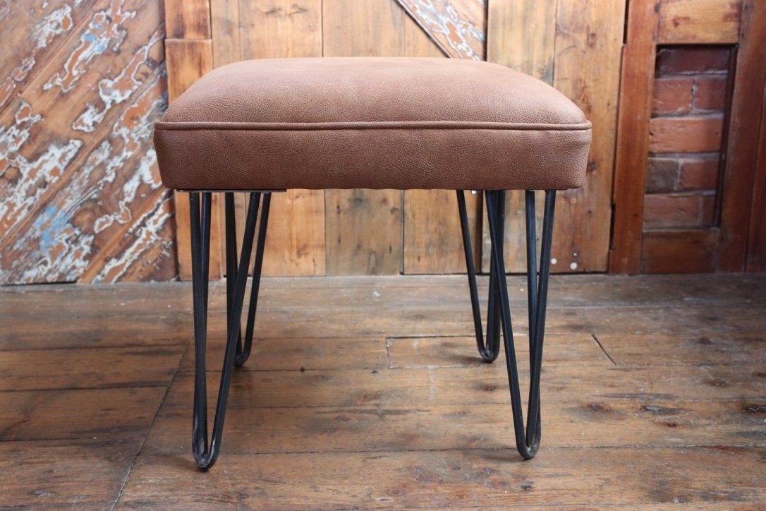 Handmade Industrial Stool With Hairpin Legs In Leather photo vinterior