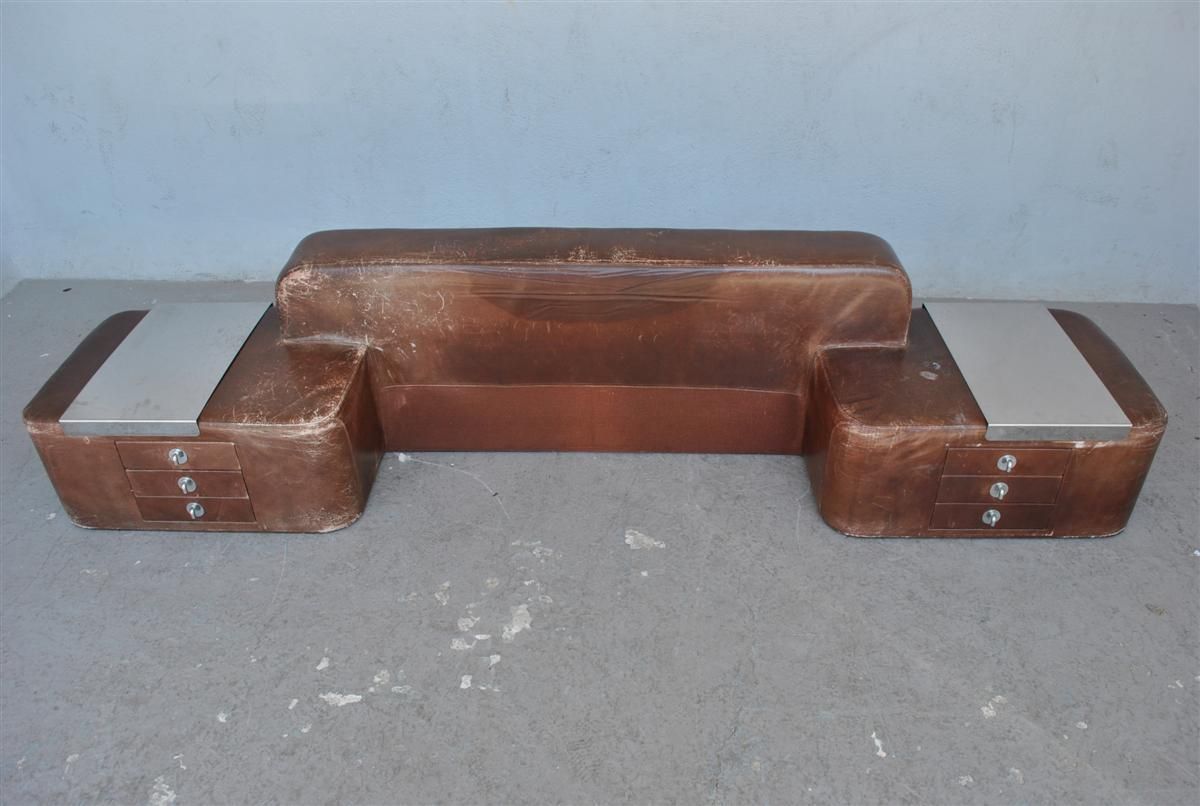 Leather Headboard With Integrated Bedside Tables 1970s photo for sale
