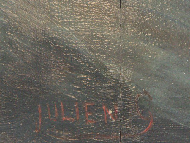 Boat In Marine Storm In Oil On Panel By Julien (81,5x51) photo vintage