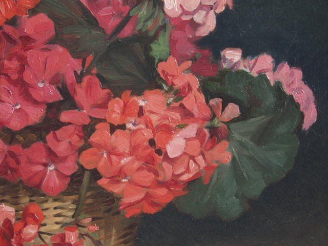 Oil On Canvas Signed A Dorez Representing A Basket Of Geranium photo for sale