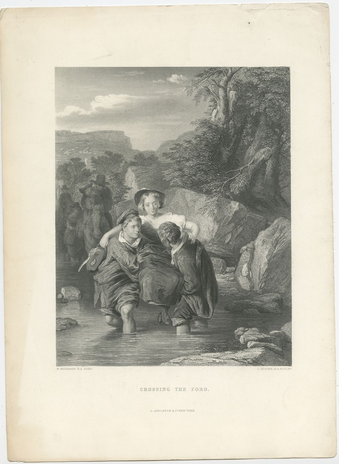 Antique Print Of People Crossing A Ford By Appleton (C.1875)