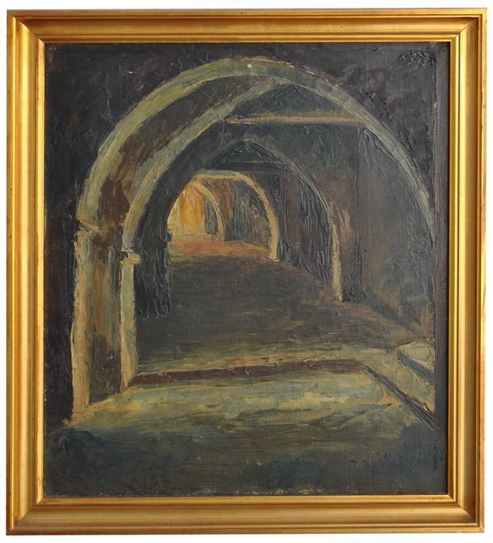 Oil Painting On Canvas Medieval Street In Alcove Signed Virlet 1932