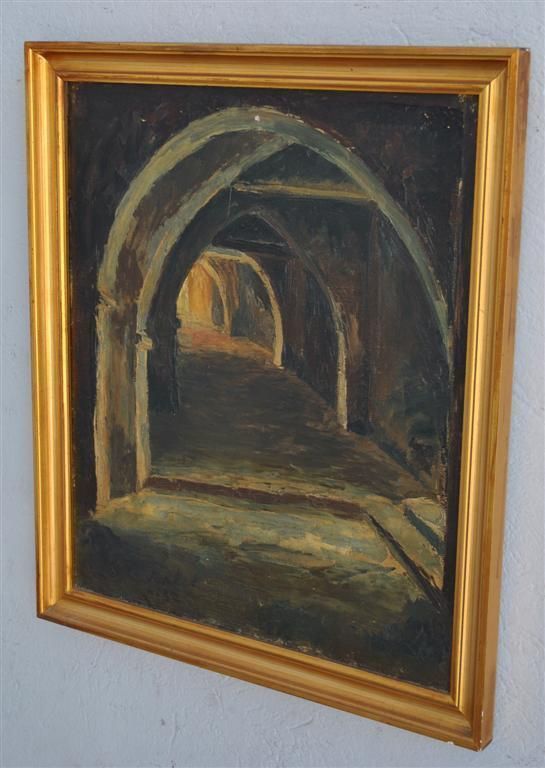 Oil Painting On Canvas Medieval Street In Alcove Signed Virlet 1932 photo furniture