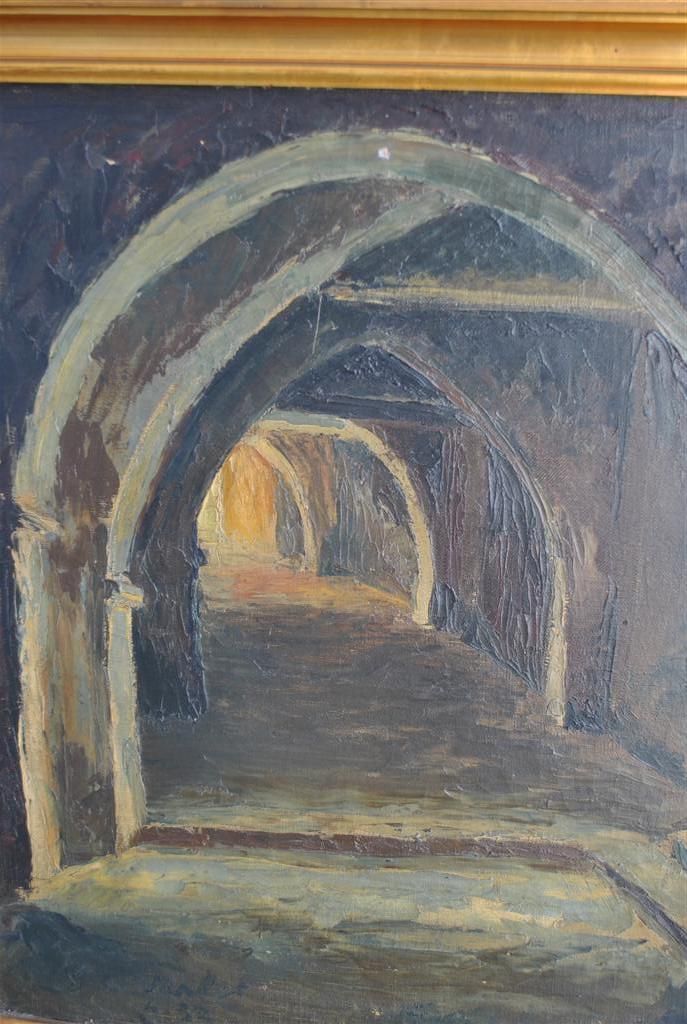 Oil Painting On Canvas Medieval Street In Alcove Signed Virlet 1932 photo Art