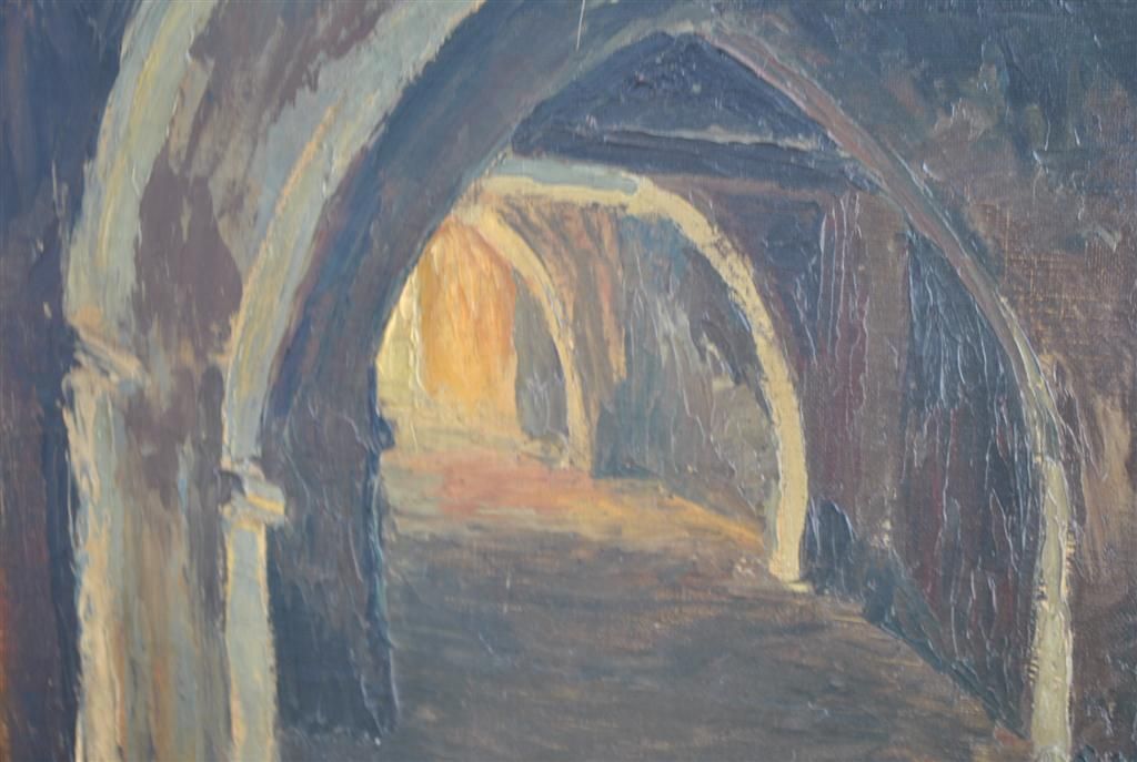 Oil Painting On Canvas Medieval Street In Alcove Signed Virlet 1932 photo 219.0