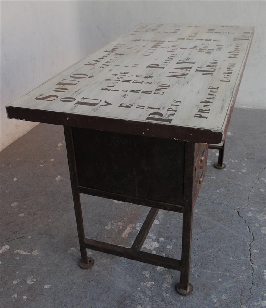 Brushed Iron Industrial Style Desk And Poached Inscriptions photo for sale